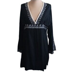 Soaked Beach Dress Black with White Embroidery V Neck Long Sleeves  XL
